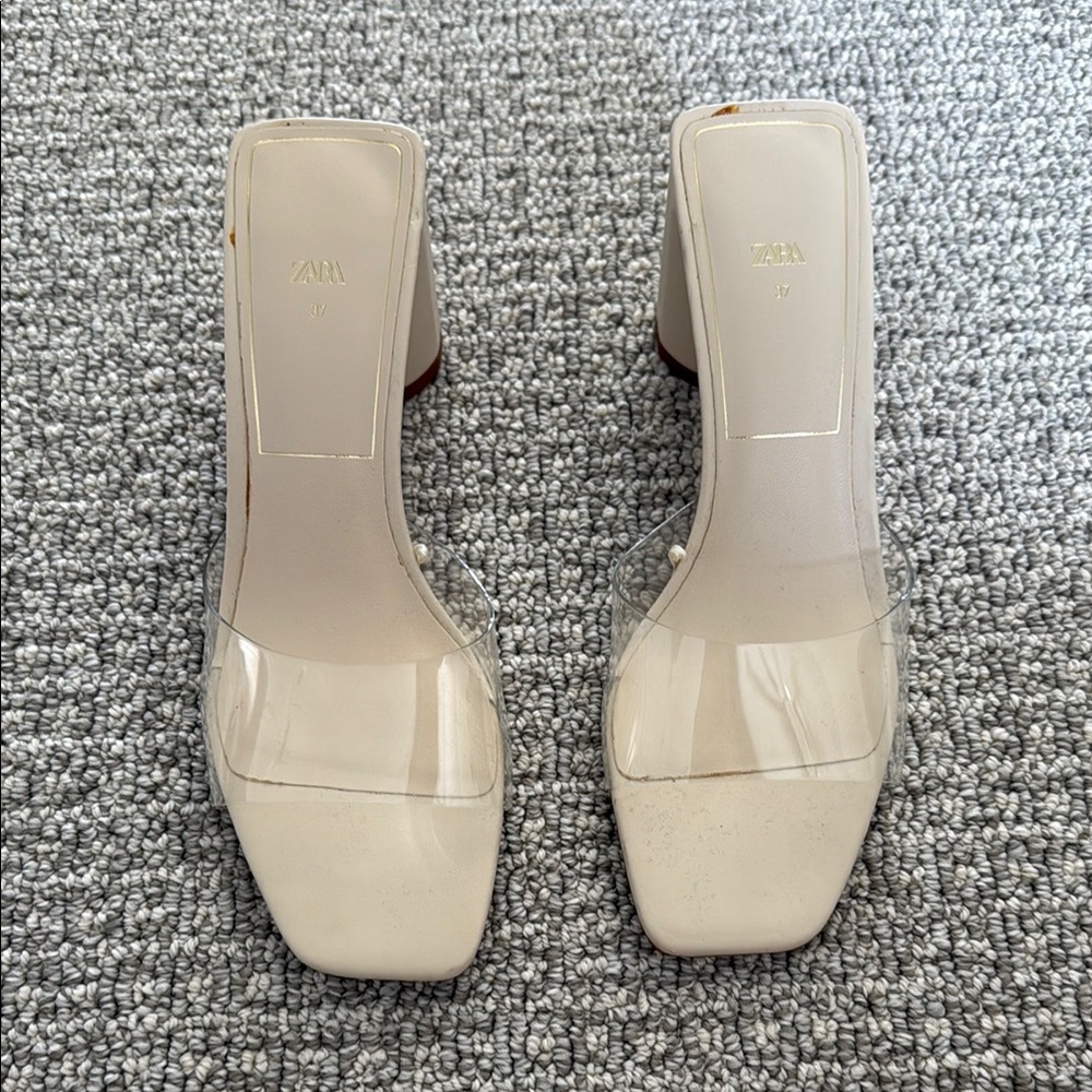 Zara Clear Heels Slide Shoes 37 6.5 Light Tan Cream